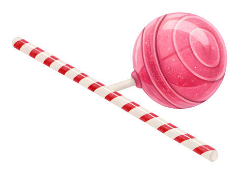 Round pink lollipop with red and white striped stick