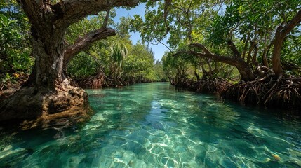 Naklejka premium Blue carbon projects focus on conserving and restoring coastal ecosystems like mangroves and seagrasses to capture and store atmospheric carbon.