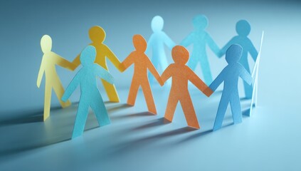 Interconnected Paper People Chain in Blue, Yellow, Orange, Symbolizing Unity and Diversity