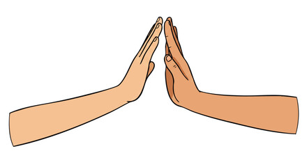 Cartoon illustration of two hands with different skin tones in a highfive gesture palms facing each other.