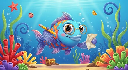 Obraz premium Studious Cartoon Fish with Glasses and Pencil in a Vibrant Underwater World