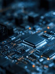 Fototapeta premium Intricate Microchip on Dark Circuit Board with Glowing Blue and Orange Light