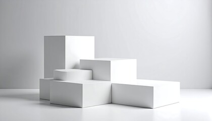 Asymmetrical arrangement of white cubes on a white floor against a white wall