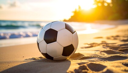 Luxurious Sunset Soccer Ball on Beach Sand with Gentle Waves Nearby