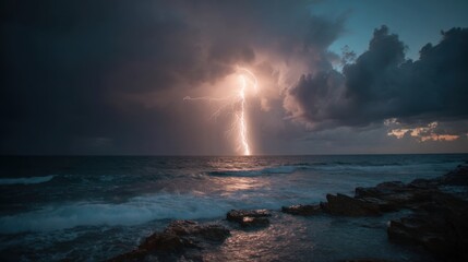 Lightning illuminates the dark clouds above the ocean while waves crash against rocky shores during a tumultuous evening. The atmosphere is charged with energy and anticipation.