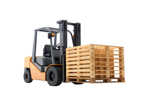Professional forklift efficiently transports stack of wooden pallets, ideal for logistics and warehouse operations.