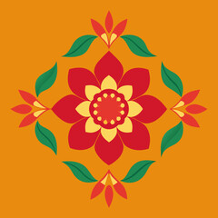 Vibrant floral design with red yellow and green on orange background
