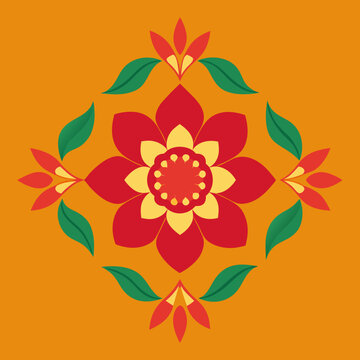 Vibrant floral design with red yellow and green on orange background