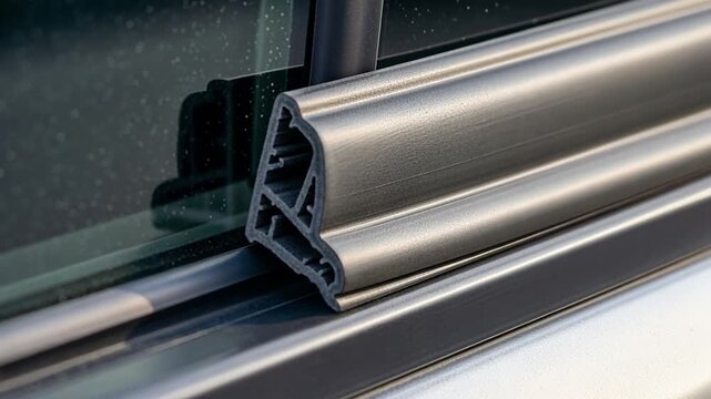 Close-up of car window seal and frame with water droplets