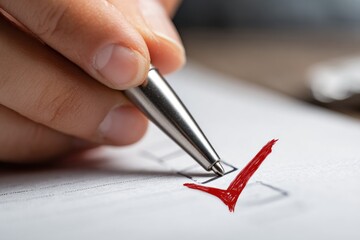 Hand Checks Red Mark with Pen, Approval, Correct, Agreement, Close-up.