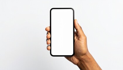 A Hands Holding Black-Framed Smartphone with Blank White Screen Against Plain Background Emphasizing Modern Connectivity