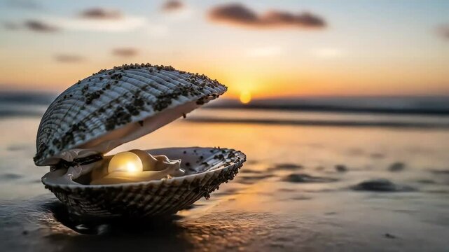 Sunset beach open clam with glowing pearl