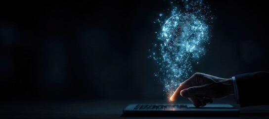 A hand touches a glowing keyboard, a digital sphere of light above