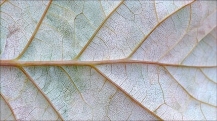 A detailed look at a leaf revealing its complex vein structure and fine textures, illuminated by soft natural light. The colors and patterns highlight nature's intricate designs.