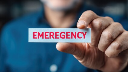Hand Holding "EMEREGENCY" Sign: Urgent Message, Red Text, Blue Background.
