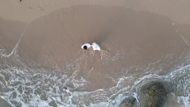 Stunning aerial drone footage of a couple walking hand in hand along a serene beach. Captured from above, this prewedding moment showcases the couple&rsquo;s love story with the beauty of the ocean waves