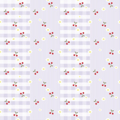 Vector pattern of fabric, wallpaper, wrapping paper, mats and bed sheets. Continuous and repeating pattern designed with alternating red daisies and cherries on a plaid, striped background.Cute style.