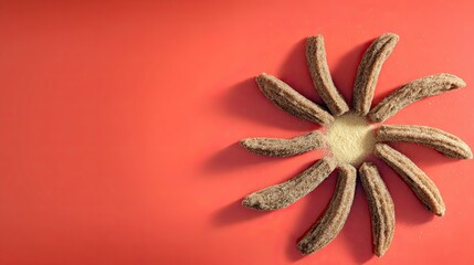 Churros sunburst, cinnamon sugar, coral background, food photography
