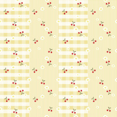 Vector pattern of fabric, wallpaper, wrapping paper, mats and bed sheets. Continuous and repeating pattern designed with alternating red daisies and cherries on a plaid, striped background.Cute style.
