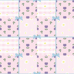 Vector pattern of fabric, wallpaper, gift wrap, mats and bed sheets. Continuous and repeatable pattern designed with daisies and tulips on a plaid, striped background with bows. Cute style.