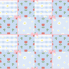 Vector pattern of fabric, wallpaper, gift wrap, mats and bed sheets. Continuous and repeatable pattern designed with daisies and tulips on a plaid, striped background with bows. Cute style.