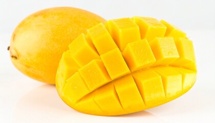 Sliced Grid Pattern Mango with Whole Mango on White Plate Showcasing Vibrant Color and Culinary Appeal