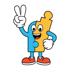 A friendly jigsaw puzzle piece mascot with a big smile, bright colors, and playful eyes, symbolizing fun, teamwork, and problem-solving for all ages.
