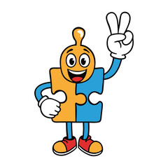 A friendly jigsaw puzzle piece mascot with a big smile, bright colors, and playful eyes, symbolizing fun, teamwork, and problem-solving for all ages.
