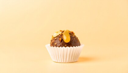 A Chocolate Truffle with Nuts and Caramel in White Cup Against Peach Background