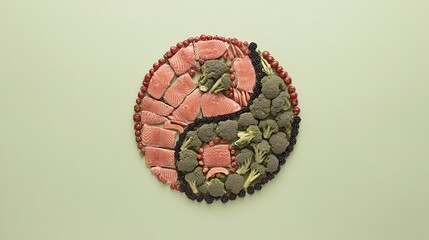 Salmon, broccoli Yin Yang food balance, green background