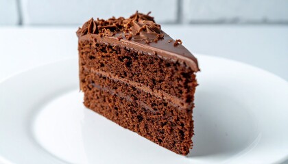 A Chocolate Cake Slice with Frosting Layers and Decorative Swirl on White Plate