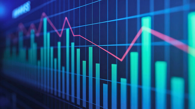 Financial data analysis on a digital screen showing stock market trends with bar charts and a line graph.