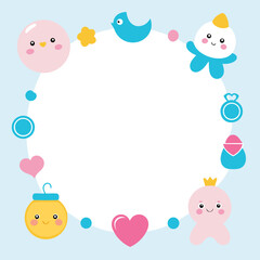 Fototapeta premium Cute baby shower border with kawaii characters and symbols
