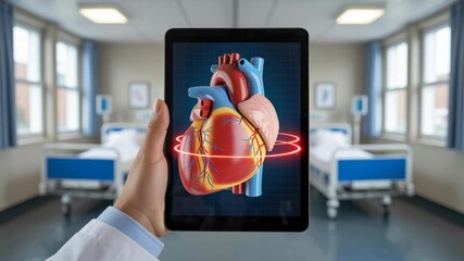 Hand tablet digital heart hospital technology healthcare innovation with augmented reality medical modern anatomy displayed - Powered by Adobe