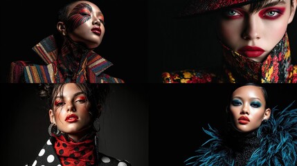 Four portraits showcase models with avant-garde makeup and bold, patterned clothing