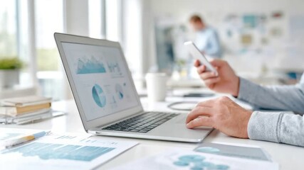 Business Data Analysis: A close-up shot of an analyst working on a laptop, analyzing data visualizations while another professional uses a mobile phone. - Powered by Adobe