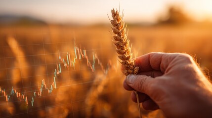 Golden Grain's Financial Growth: A hand holds a golden wheat, the sunlight cast a warm glow, and the image also showing stock market graph to express agricultural business is growing.