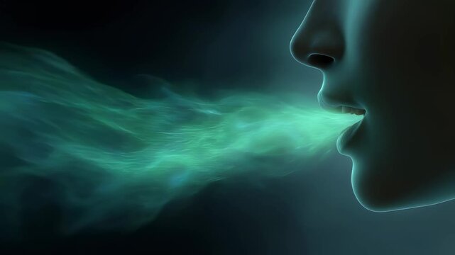 Digital illustration of greenish vapor waves swirling around mouth area emphasizing unpleasant odor caused by halitosis.