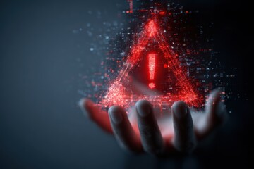 Holding Digital Danger: Hand Cradles a Glowing Red Warning Hologram with Particles.