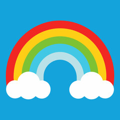 Vibrant rainbow arch with fluffy clouds on a blue sky