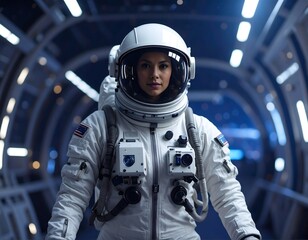 Astronaut woman in futuristic tunnel