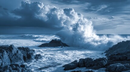 Obraz premium Powerful waves surge against dark rocks at the shoreline as storm clouds gather above during the evening. The ocean's energy captures the raw beauty of nature.