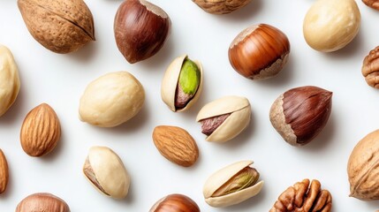 A variety of nuts including almonds, walnuts, pistachios, and hazelnuts are scattered on a white background, showcasing their rich colors and textures ideal for snacking and recipes.