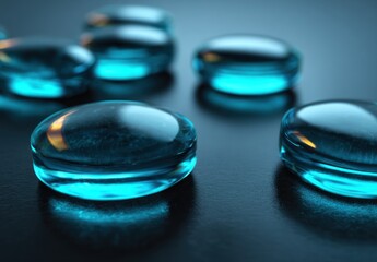 Luminous Cyan Gel Capsules Reflecting Warm Light on Dark Surface