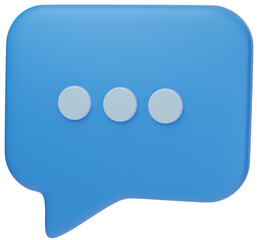 3D illustration of a blue square-shaped speech bubble with three dots, symbolizing messaging, typing, or digital communication.