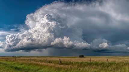 Vast fields stretch beneath dramatic storm clouds, showcasing varying shades of gray and white. The sunlight breaks through, illuminating the serene countryside view.