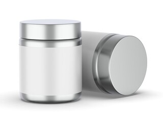 Metallic jar with white label on isolated white background, 3d illustration.