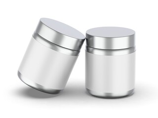 Metallic jar with white label on isolated white background, 3d illustration.