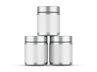 Metallic jar with white label on isolated white background, 3d illustration.