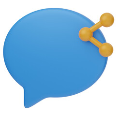 3D illustration of a blue speech bubble featuring a yellow share icon, representing message sharing or social media interaction.